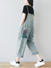 Womens Relaxed Distressed Overalls - Abstract Print Denim Dungarees