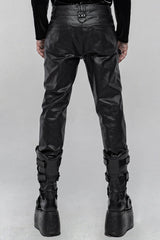 Black Faux Leather Metal Buckle Side Zipper Men's Steampunk Pants