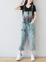 Womens Relaxed Distressed Overalls - Abstract Print Denim Dungarees