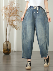 Barrel-Leg Pull-On Denim Cotton Pants for Women, Relaxed Tapered Jeans