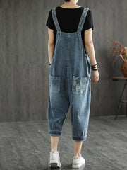 Floral Side Panel Denim Dungarees - Wide Leg Fit