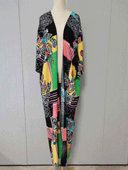 Printed Black Color Polyester Long Length Gown Kimono Duster Robe