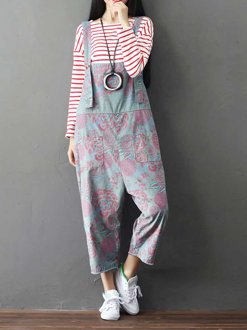 Floral Printed Denim Overalls - Casual Comfort | Eva Trends