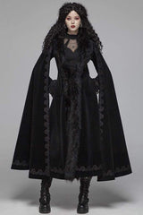 Black Fur Collar Slit Cloak Shape Sleeve Back Waist Lace Up Imitation Cashmere Long Women's Gothic Coat