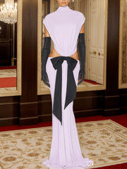 Bow Contrast Color Halter Back Maxi Dress