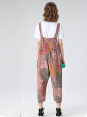 Tropical Leaf Cotton Dungarees -  Ankle-Length Overalls