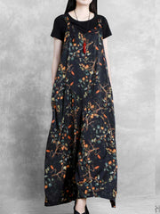 Botanical Print Silk Jumpsuit - Flowing Wide Leg Design