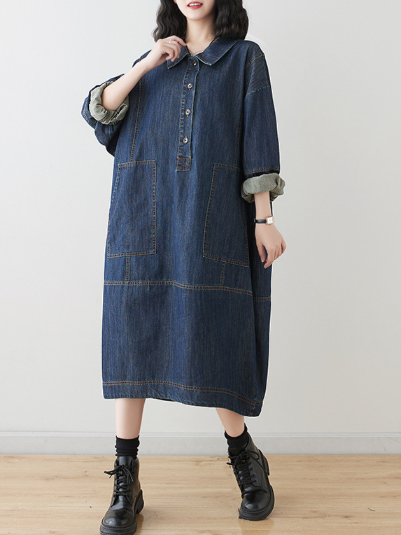 Women's Trendy & Stylish Collar Lapel Blue Midi Dress