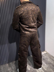 Brown Leopard Print Biker Jacket And Cargo Pants Two-Piece Set