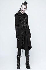 Black Long Sleeves Hooded Asymmetric Women's Gothic Military Coat With Belt