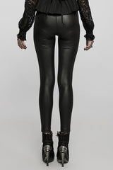 Black Floral Hollow Slim Faux Leather Women's Gothic Leggings