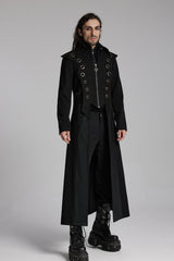 Black Metal Ring Zipper Long Sleeves Men's Punk Long Jacket