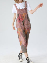 Tropical Leaf Cotton Dungarees -  Ankle-Length Overalls