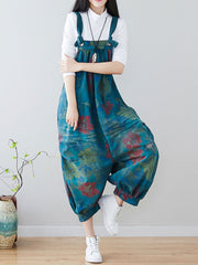Watercolor Floral Denim Dingarees | Distresses Barrel-Leg Fit