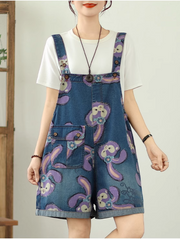 Cartoon Style Printed Denim Short Overalls for Women | Eva Trends
