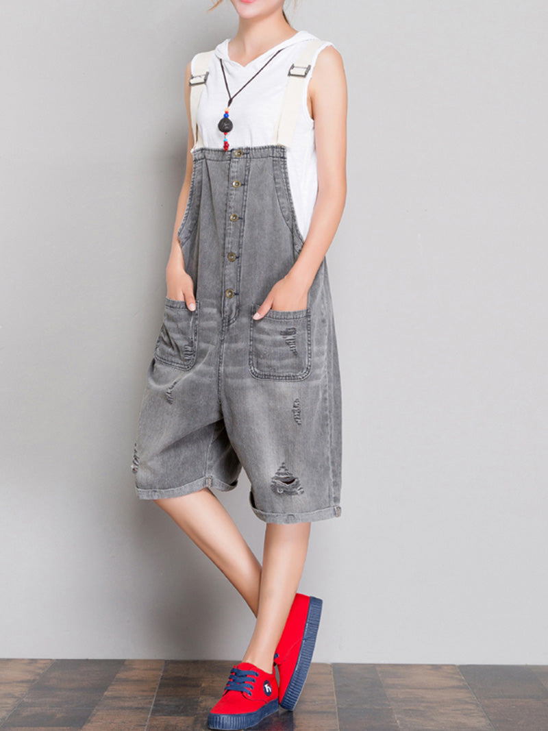 Distressed Grey Denim Romper - Button Front Style