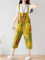 Tropical Leaf Print Cotton Overalls