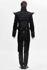 Black High Collar Chinese Palace Floral Pattern Velvet Long Mens Gothic Coat