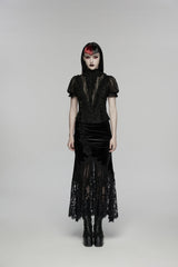 Black Embroidered Lace Slim Women's Gothic Fishtail Velvet Skirt