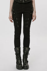 Black Multi-Pocket Buckle Women's Punk Jeans Pants