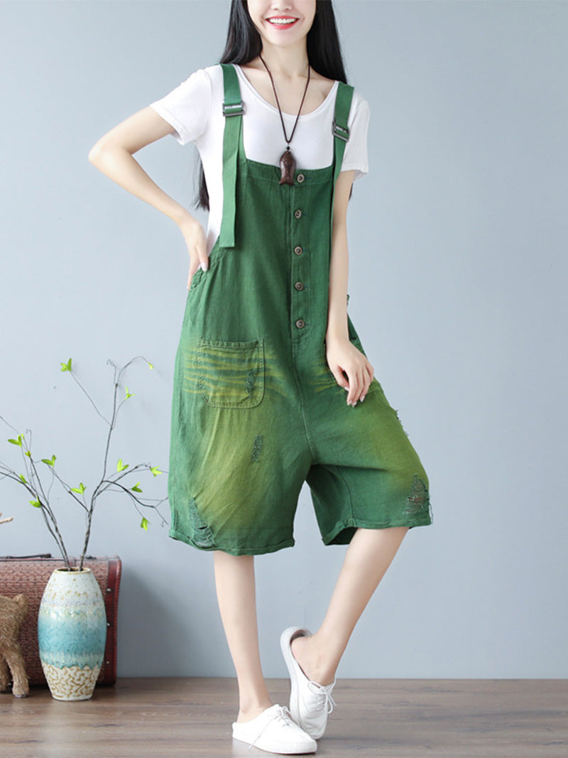 Vintage Wash Cotton Romper Dungarees - Button Front