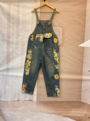 Sunflower Print Denim Dungarees - Utility Pocket Style