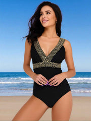 Women's Gold Stud Embellished Deep V-Neck One-Piece Swimsuit