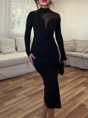 Black Mesh Paneled Long-sleeved Bodycon Dress