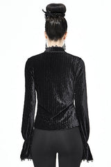 Black Pleated Velvet Trumpet Sleeves Womens Gothic Blouse