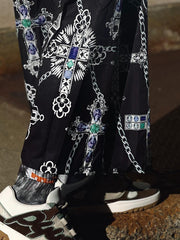 Black Cross Print Plaid Patchwork Wide-Leg Pants
