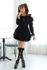 Black Off Shoulder Long Sleeves Floral Print Ruffle Bowknot Lace-Up Gothic Jirai Kei Japanese Skirt Set