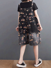 Knee-Length Floral Denim Dungaress - Deep V Bib Design