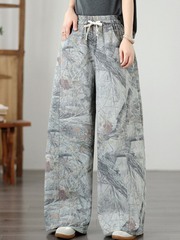 Women's Artful Wide-Leg Denim Cotton Pants with Elastic Drawstring Waist