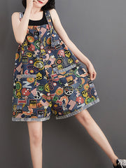 Graphic Print Short Dungarees - NYC Patchwork Denim Style