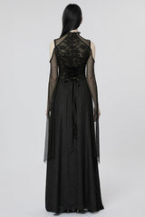 Black Off Shoulder Print Stitching Irregular Mesh Women's Gothic Dress
