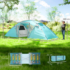 4–6 Person 2-Bedroom Family Tunnel Tent – PU3000mm+ Waterproof with Living Room & Sewn-In Groundsheet | Blue