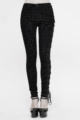 Black Gothic Flocking Patterned Laced Up Asymmetrical Side Womens Pants