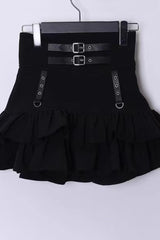 Black High Waisted Ruffle Leather Buckle Gothic Jirai Kei Japanese Skirt