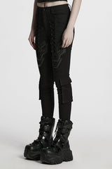 Black Lace-Up Strappy Big-pocket Women's Punk Leggings