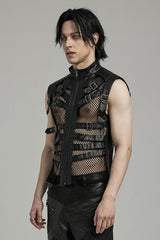 Black Multi-buckles Hollow Mesh Faux Leather Men's Punk Vest