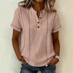 Women's Striped Short-Sleeve V-Neck Button Blouse – Minimalist Casual Top