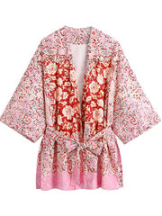 Short Length Polyester Floral Print Pink Color Gown Kimono Duster Robe