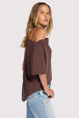 Vintage Cotton Off The Shoulder T-Shirt | Coffee