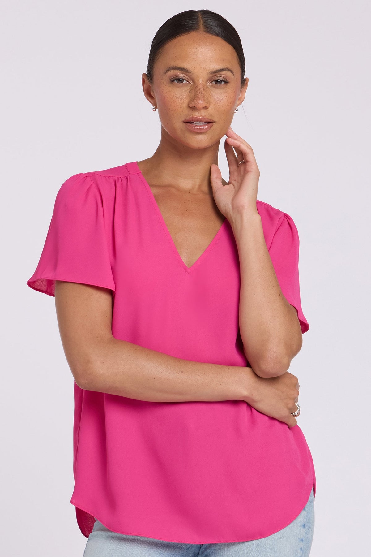 Pleated Flutter Sleeved Blouse - Pink Heart