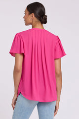 Pleated Flutter Sleeved Blouse - Pink Heart