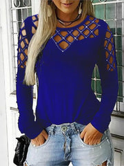Autumn Winter New Women's Fashion Solid Color Hollow Diamond Splicing Long Sleeve T-shirt Casual Comfortable Top For Women