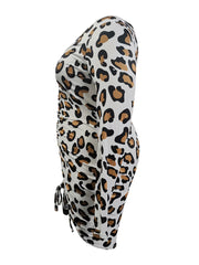 L-5XL LW Plus Size Elegant Off The Shoulder Leopard Print Mid Calf Dress Spring Summer Bateau Neck Ruched Bodycon Dresses