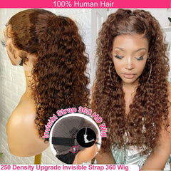 250 Density Deep Wave 360 Lace Front Human Hair Wig - Brazilian Remy Glueless Chocolate Brown Wig 26-36 Inches