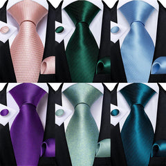 Men's Ties Solid Pink Blue Green Purple Wedding Party Accessories Groom Necktie Handkerchief Cufflinks Gift for Husband