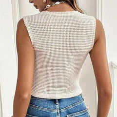 Summer Street Style Simple Casual Sleeveless Solid Color Women's Vest Versatile V-neck Slim Fit Elegant Button Up Short Top